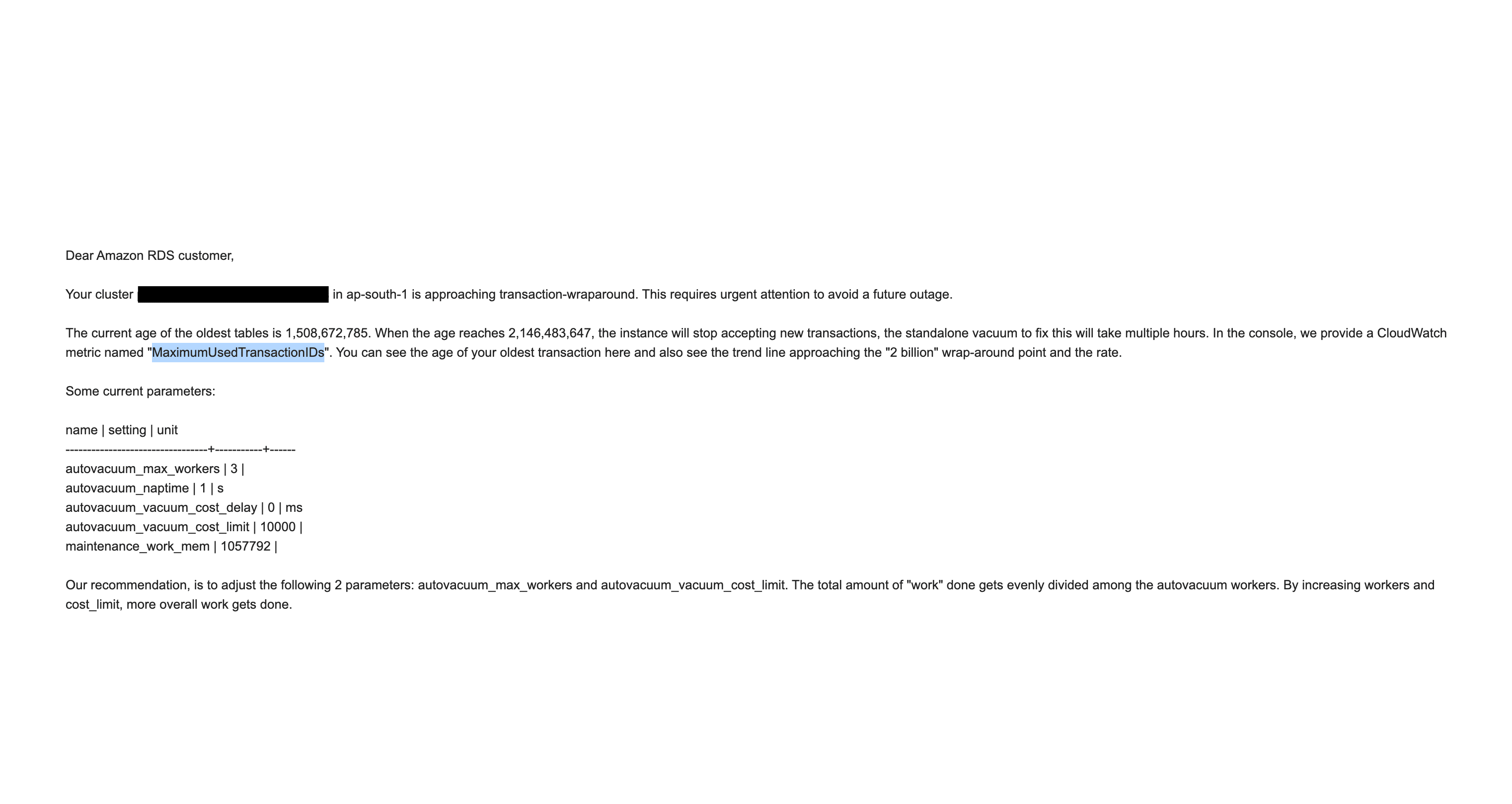 Alert from AWS regarding Postgres RDS Cluster